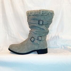 Torrid Sweater Trimmed Buckle Boots; Gray; Size – 9.5WW